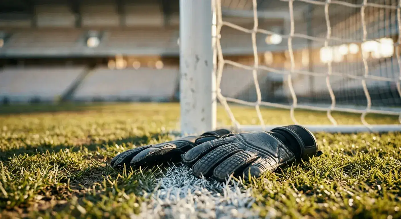 Nahaufnahme von Torwarthandschuhen auf der Torlinie eines sonnenbeschienenen Stadionrasens, im Hintergrund unscharf der Torpfosten und das Netz