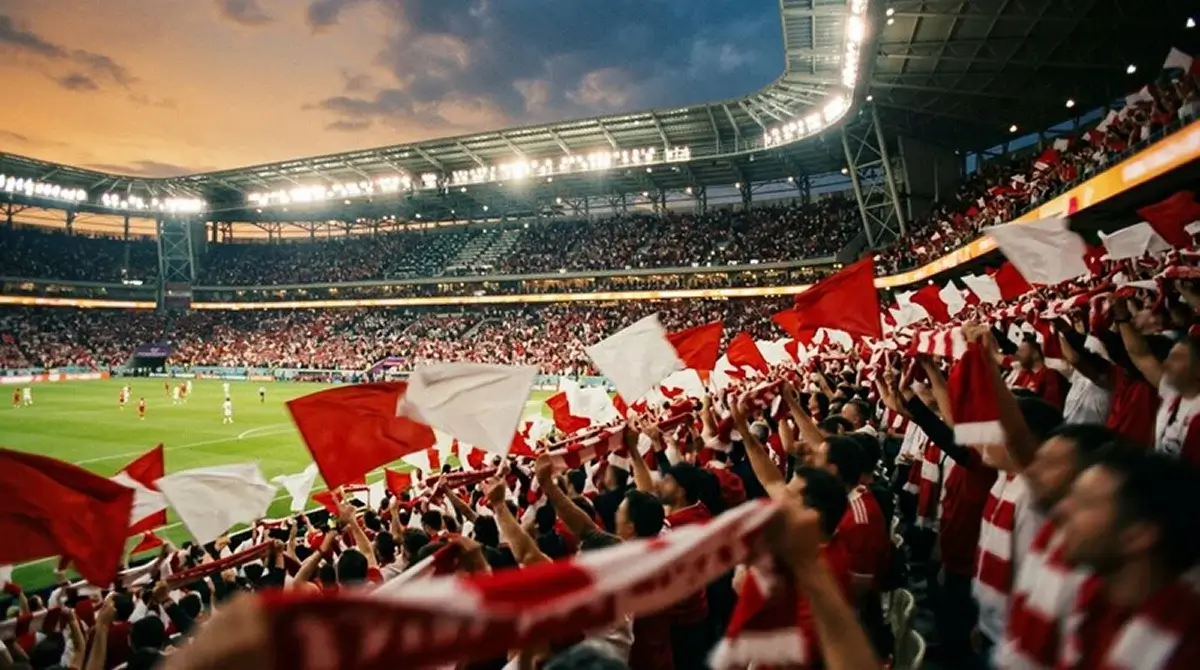 Schweizer Fans mit roten und weissen Schals in einem Stadion vor dem Sechzehntelfinal der Nati bei der WM 2026