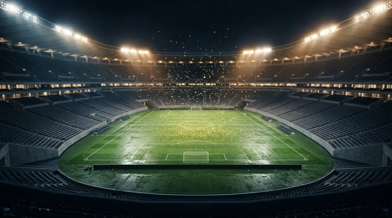 Nächtliche Weitwinkelaufnahme eines grossen offenen Stadions mit goldenem Konfetti, das über den beleuchteten Mittelkreis herabschwebt, leere Ränge im Dunkeln, Flutlicht spiegelt sich auf dem Rasen