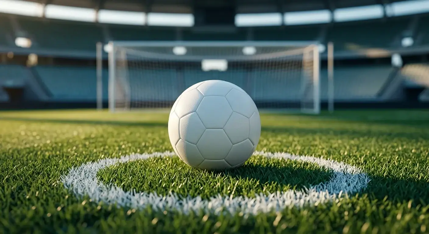 Nahaufnahme eines Fussballs auf dem Elfmeterpunkt eines leeren, sonnenbeschienenen Stadions, im Hintergrund unscharf das Tor und leere Ränge