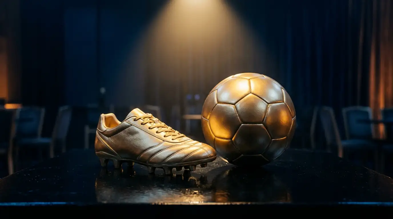 Fotorealistische Stillleben-Nahaufnahme eines goldenen Fussballschuhs und eines goldenen Balls auf einer dunklen, spiegelnden Oberfläche unter einem gerichteten Spotlight, editorialer Studiolook, tiefe Schatten