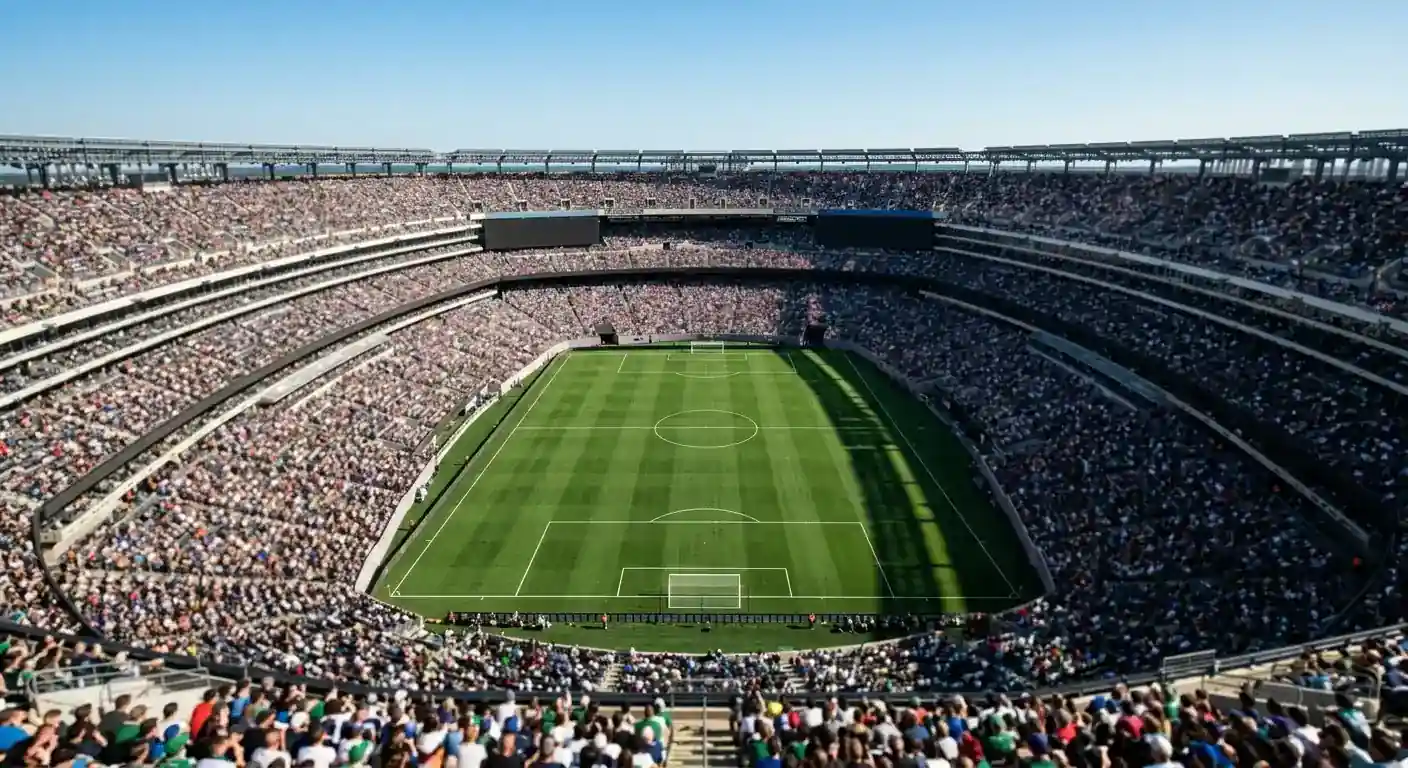 Weitwinkelaufnahme eines grossen offenen Stadions in New Jersey bei Tageslicht, gepflegter Rasen, gefüllte Ränge, Blick Richtung Mittelkreis vor dem Anpfiff