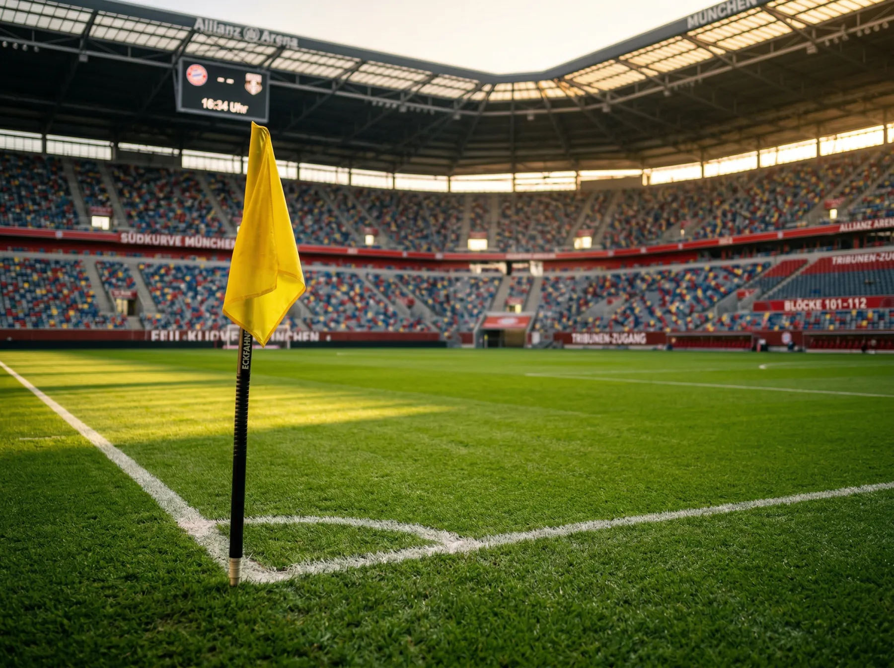 Gepflegter Fussballrasen mit weissen Linienmarkierungen und Eckfahne in einem leeren Stadion vor Turnierbeginn