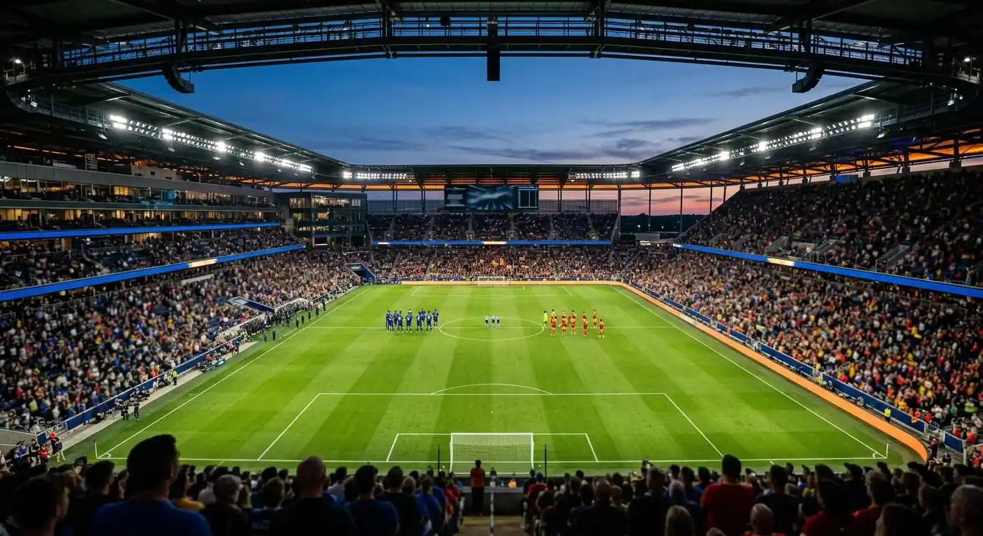 Weitläufige Aufnahme des AT&T Stadium bei Nacht unter Flutlicht, Blick auf das Spielfeld vor dem Anpfiff