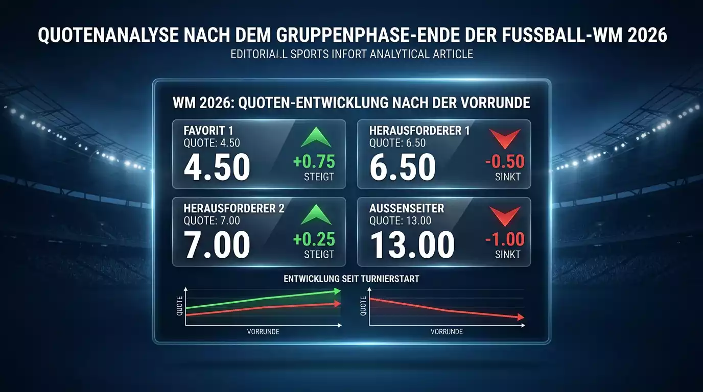 Stilisierte Datenvisualisierung mit Quotenpfeilen und Trendlinien zu den WM-2026-Outright-Märkten, dunkles Editorial-Design