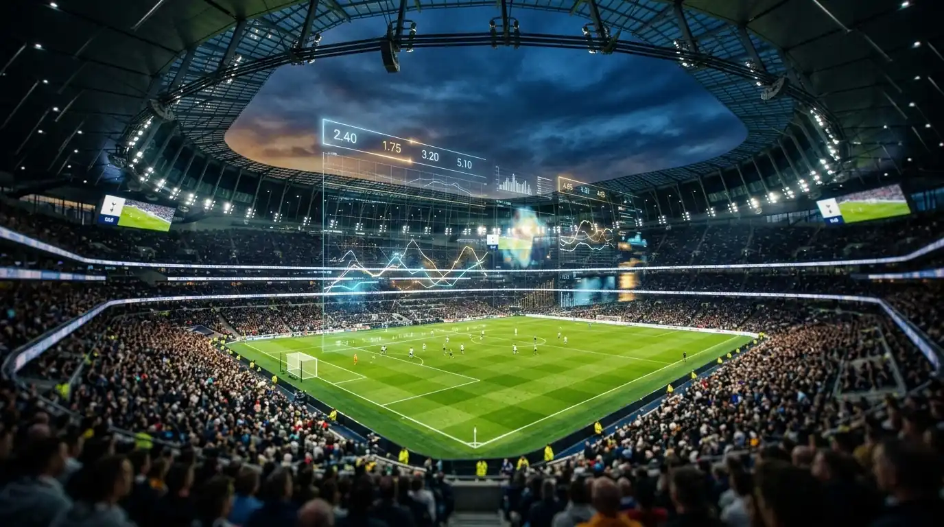 Weitläufige Aufnahme eines modernen WM-Stadions bei Nacht mit Flutlicht und überlagerter dezenter Quoten-Anzeige als Datenvisualisierung