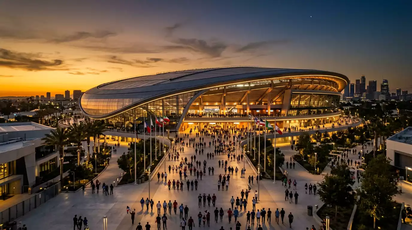Stadiongänge zum SoFi Stadium in Inglewood, Kalifornien, bei untergehender Sonne — Schauplatz des WM-Sechzehntelfinal-Auftakts am 28. Juni 2026