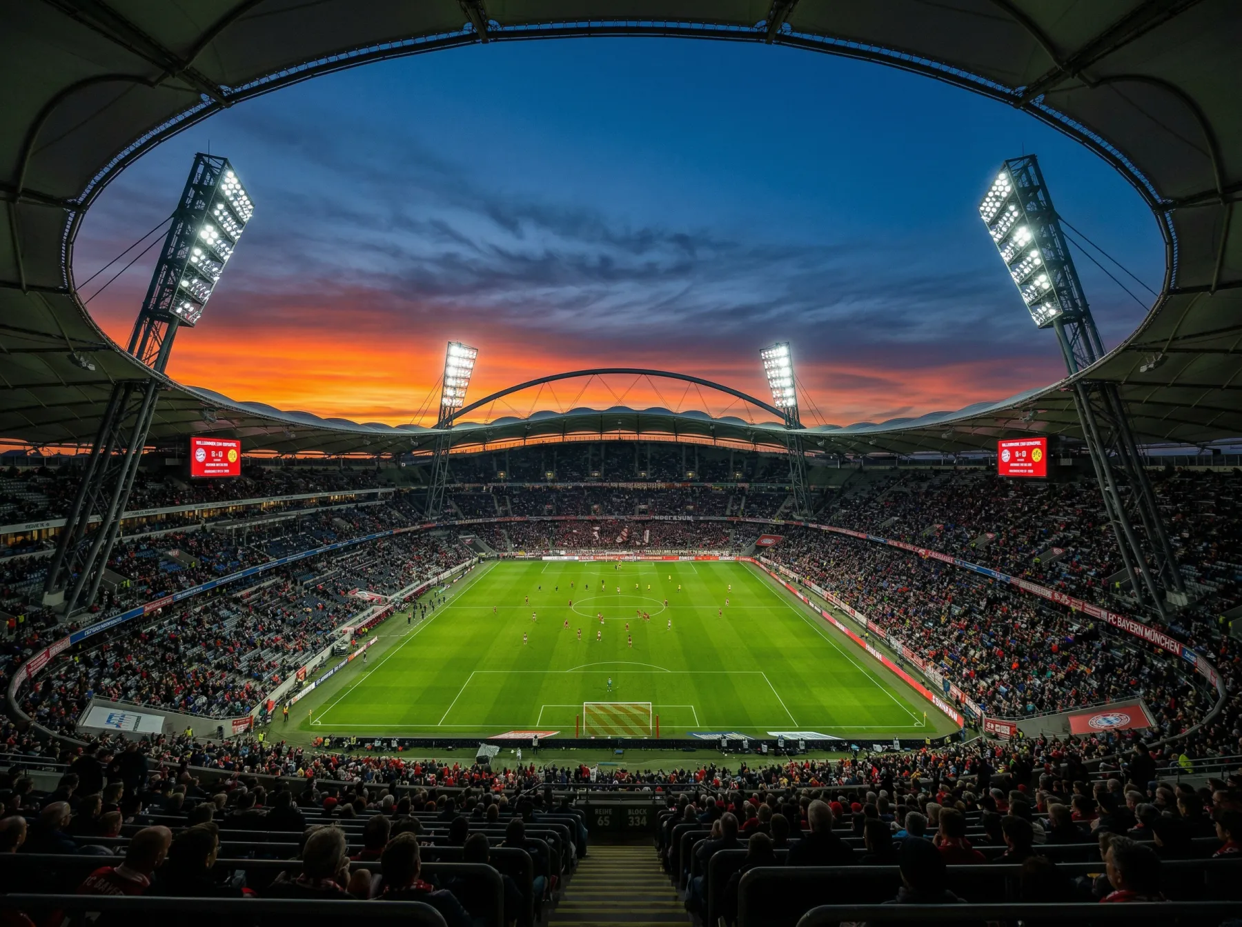 Panoramablick auf ein grosses Fussballstadion bei Sonnenuntergang mit beleuchteten Flutlichtmasten und gefüllten Tribünen