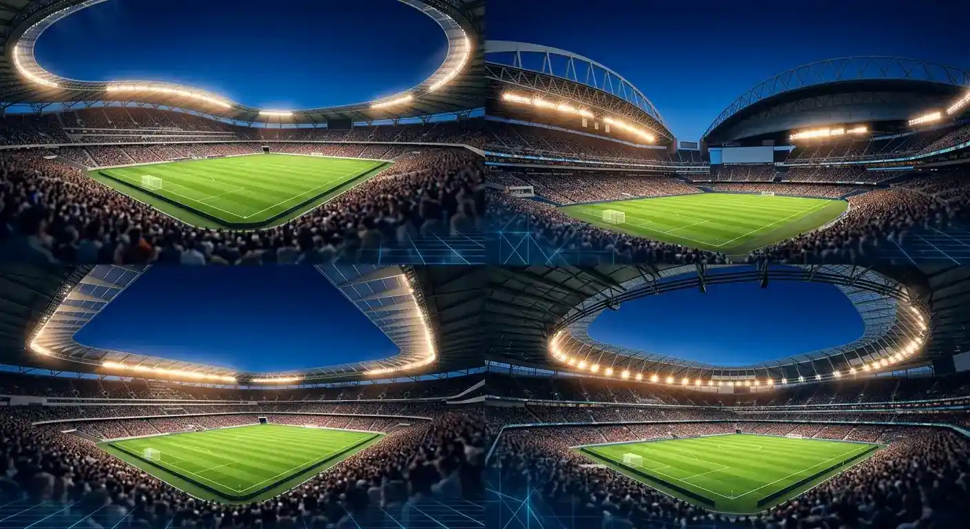 Übersicht über vier Viertelfinal-Stadien unter Flutlicht bei Nacht