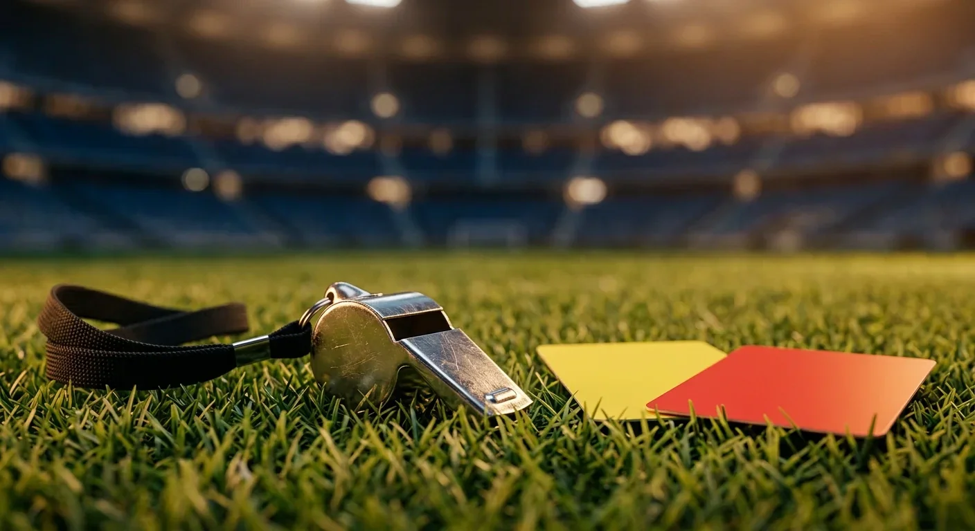 Nahaufnahme einer Schiedsrichterpfeife und roter sowie gelber Karten auf dem Rasen eines leeren Stadions im Abendlicht